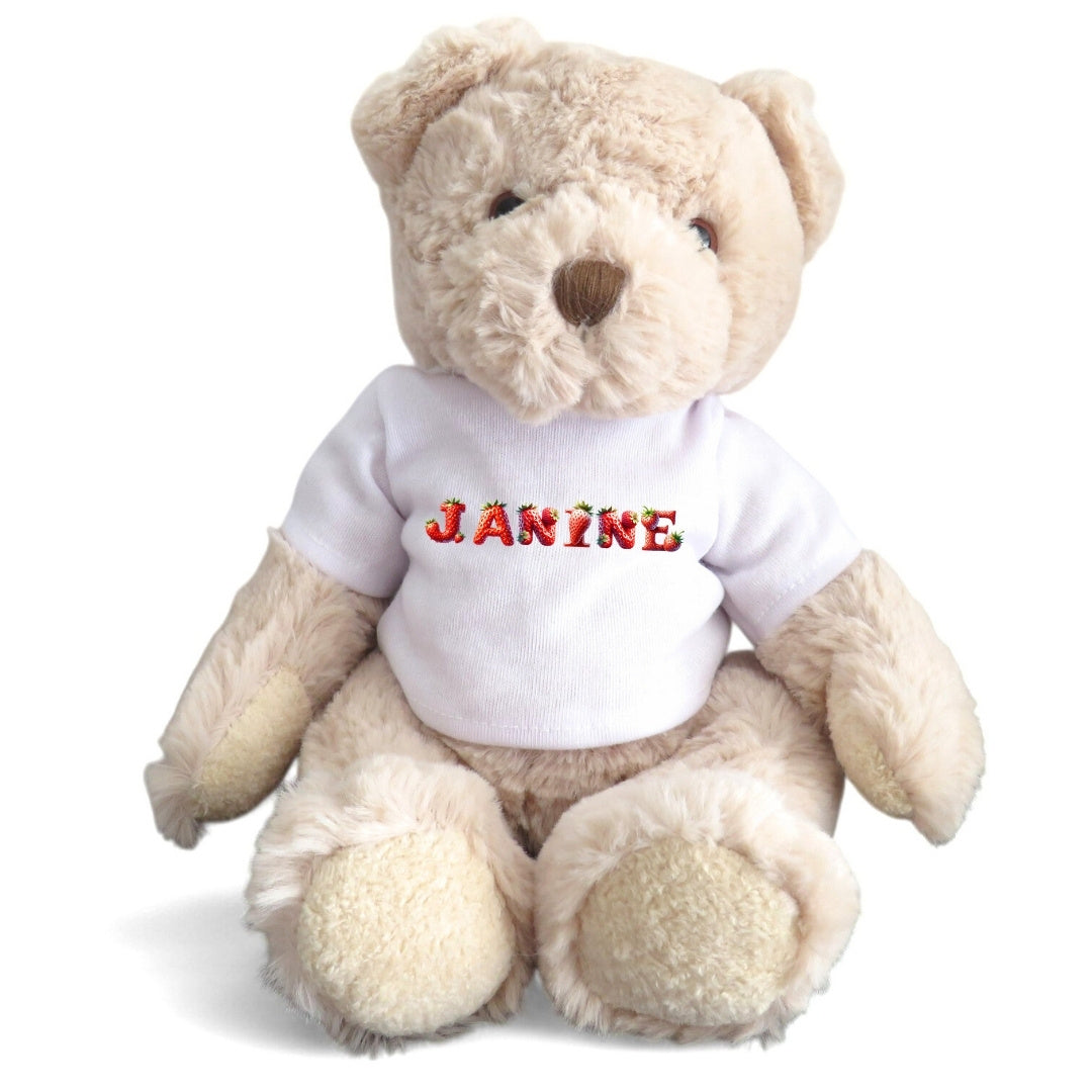 Personalised Luxury Teddy Bear with Strawberry Name T-Shirt