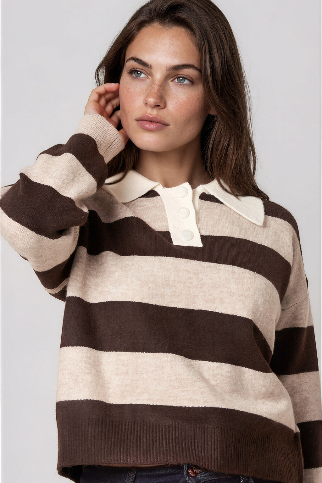 Brown Stripe Wool‑Blend Polo Collared Knit Jumper