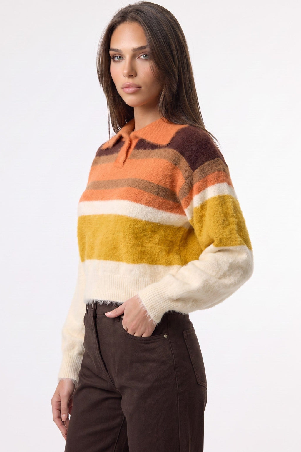 Orange Striped Collared Knitted Crop Jumper