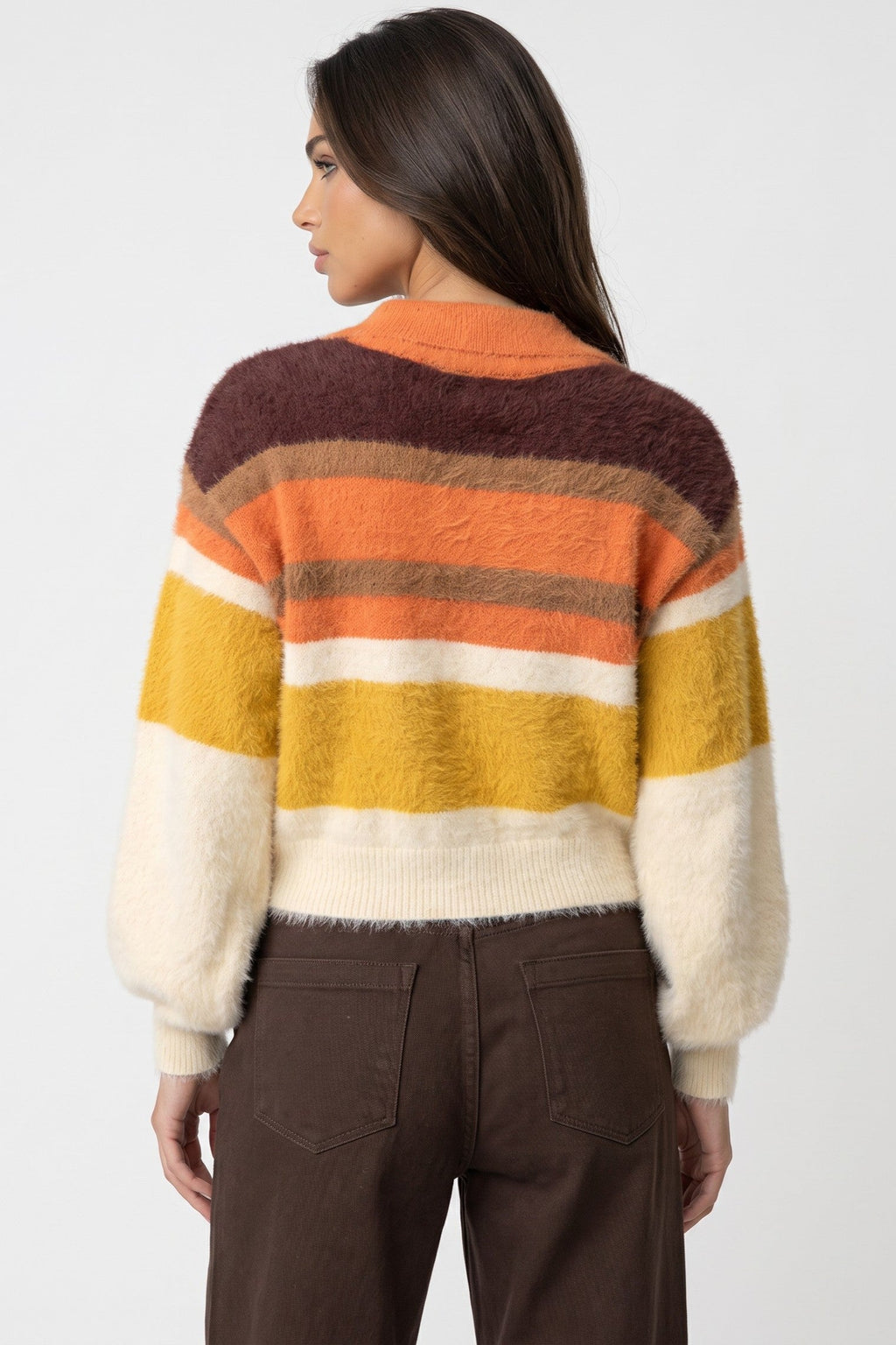 Orange Striped Collared Knitted Crop Jumper