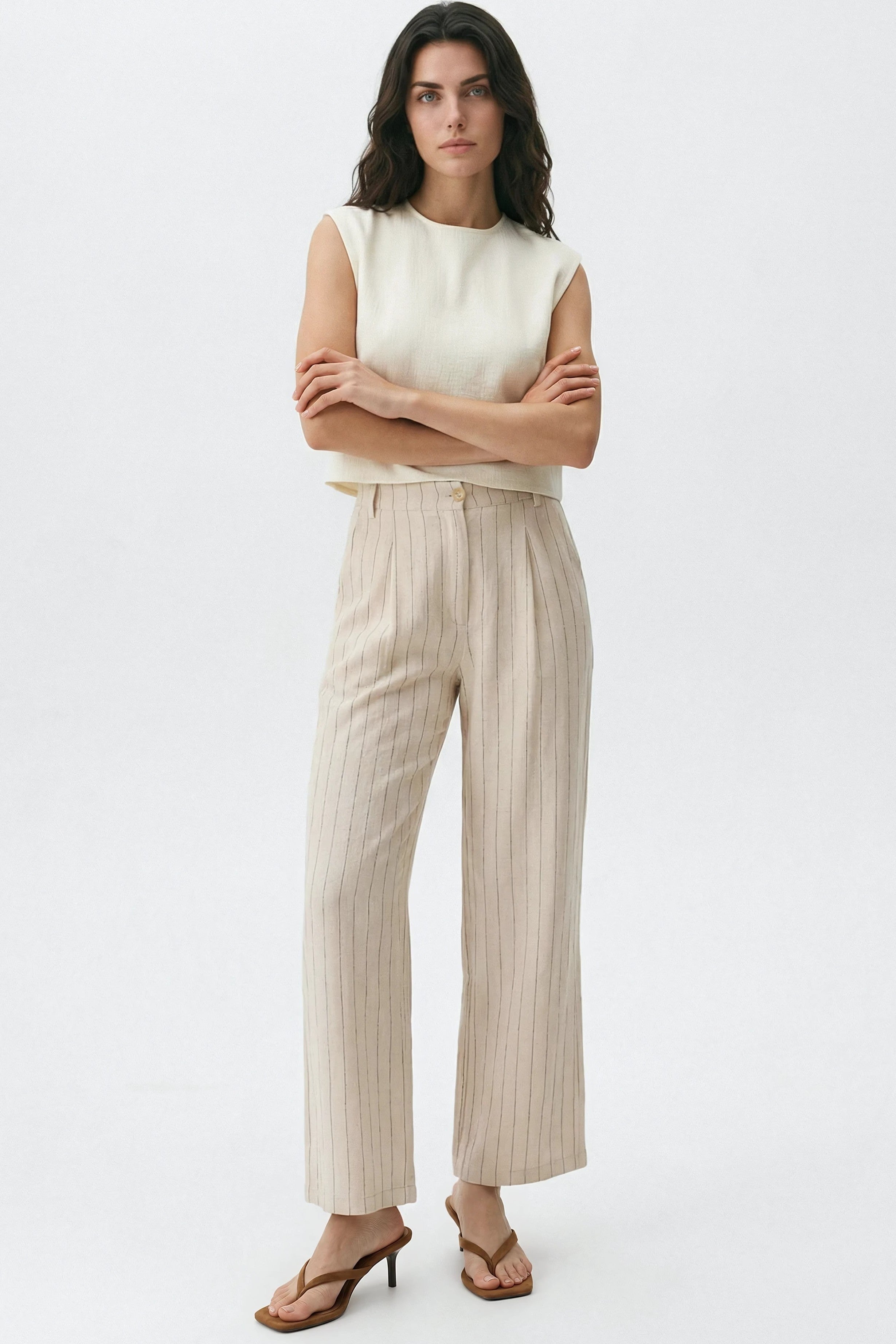Beige Striped Linen Blend Trousers