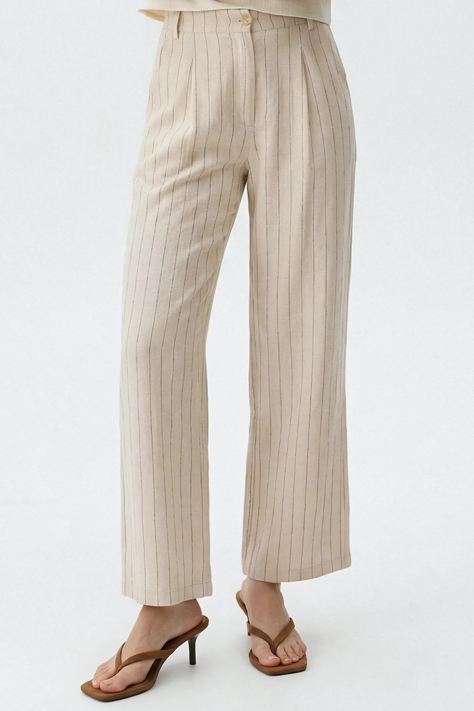 Beige Striped Linen Blend Trousers
