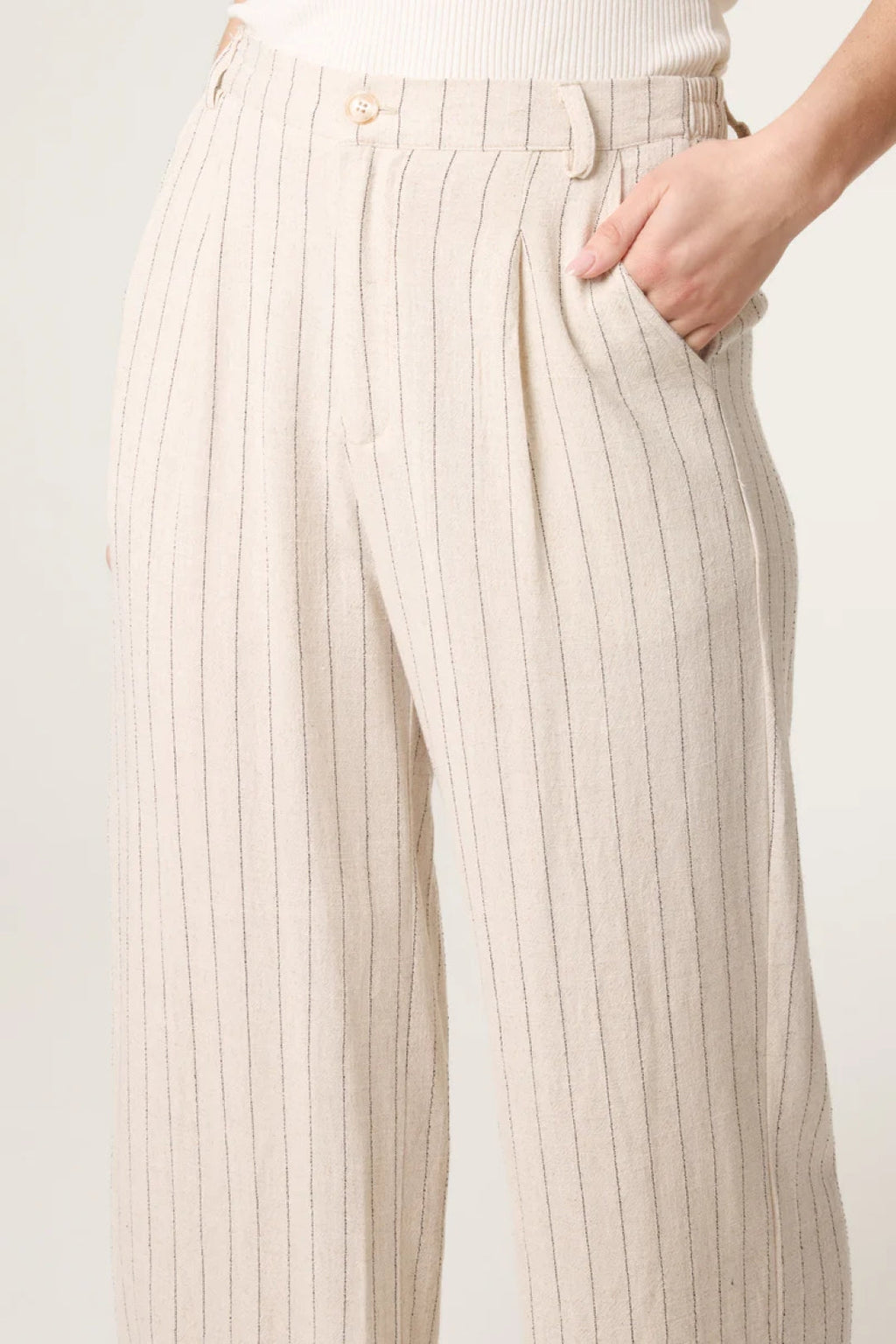 Beige Striped Linen Blend Trousers