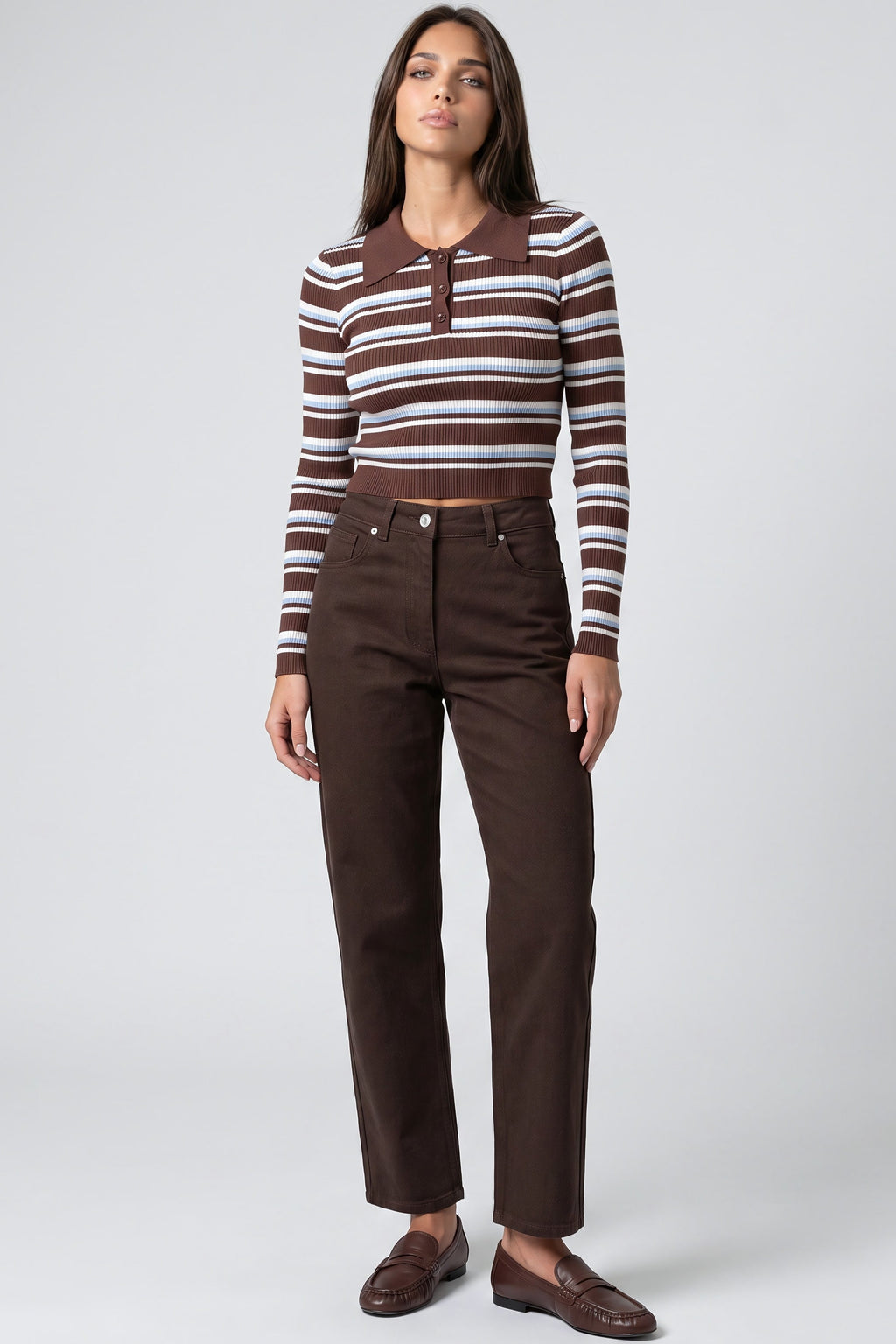 Brown Blue Striped Long Sleeve Collar Ribbed Jumper