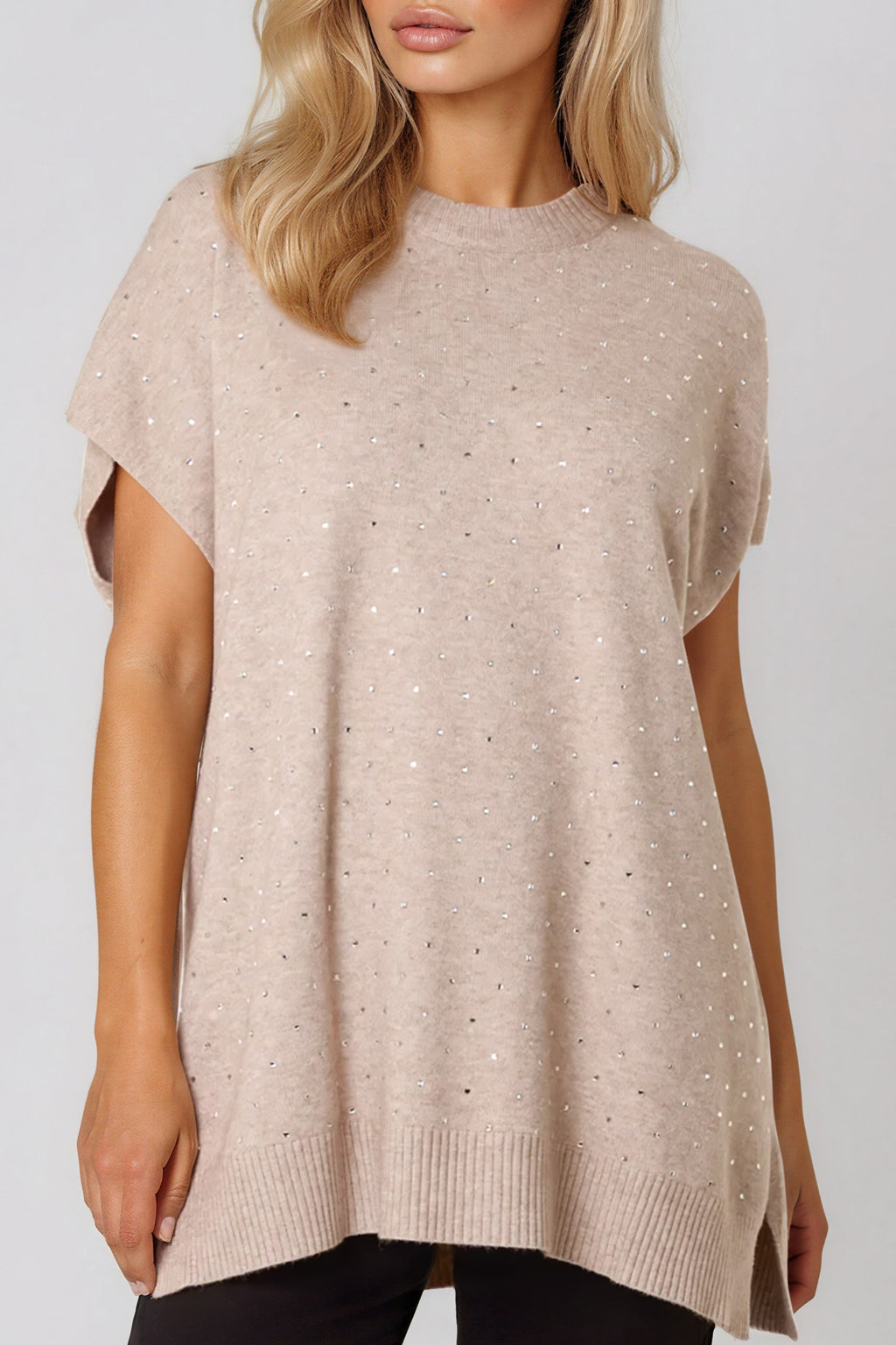 Beige Embellished Short Sleeve Knit Jumper