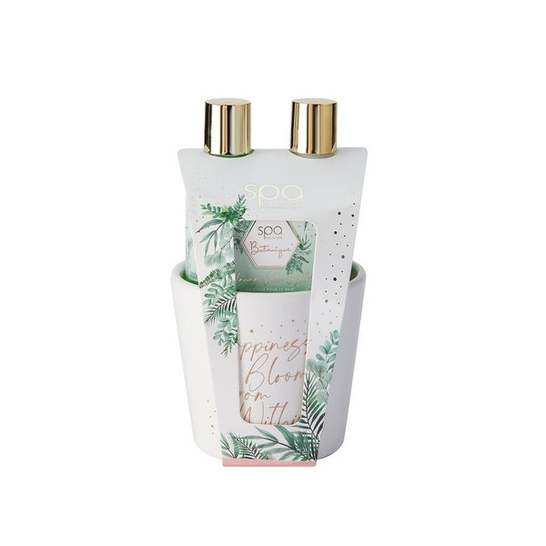 Style & Grace Spa Botanique Pamper Pot Gift Set Eco Packaging 100ml Body Wash + 100ml Body Lotion + 50g Bath Crystals + Ceramic Pot