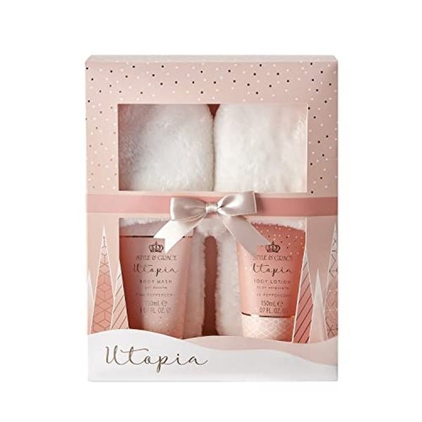 Style & Grace Utopia Fluffy Slippers Gift Set Eco Packaging 150ml Body Wash + 150ml Body Lotion + 1 Pair Fluffy Slippers