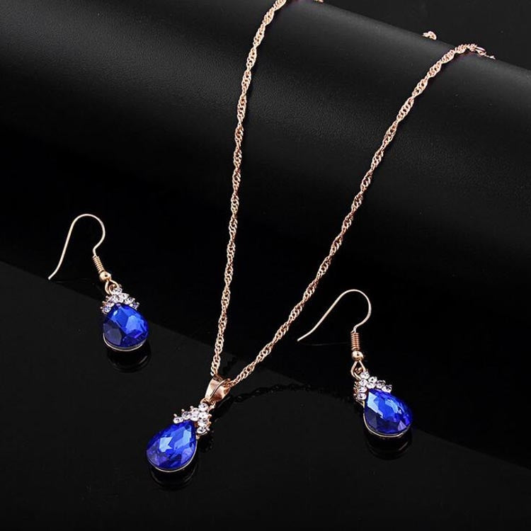 Fashion Diamond Ladies Crystal Zircon Drop Necklace Earring Set(Blue)