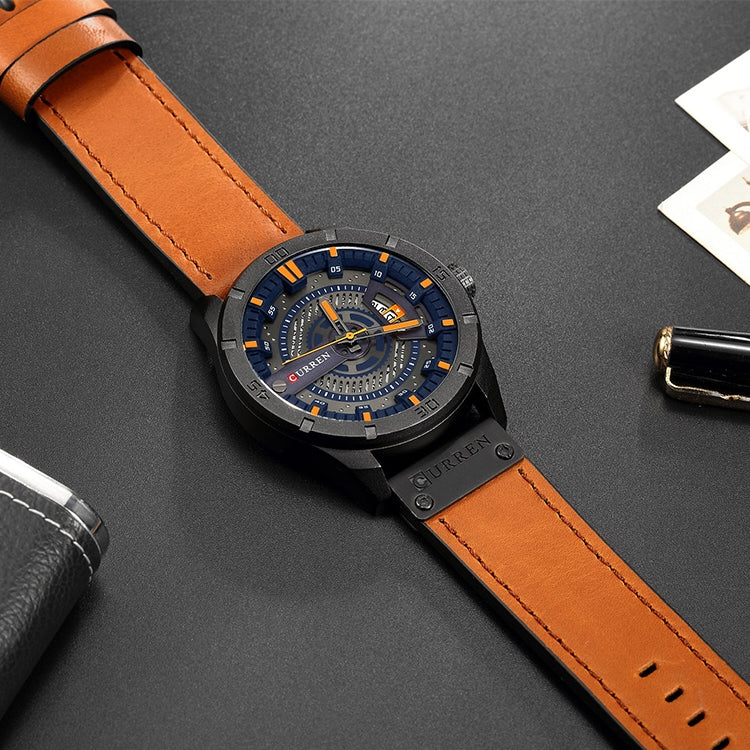 CURREN M8301 Men Military Sports Watch Quartz Date Clock Leather Wristwatch(black case orange)