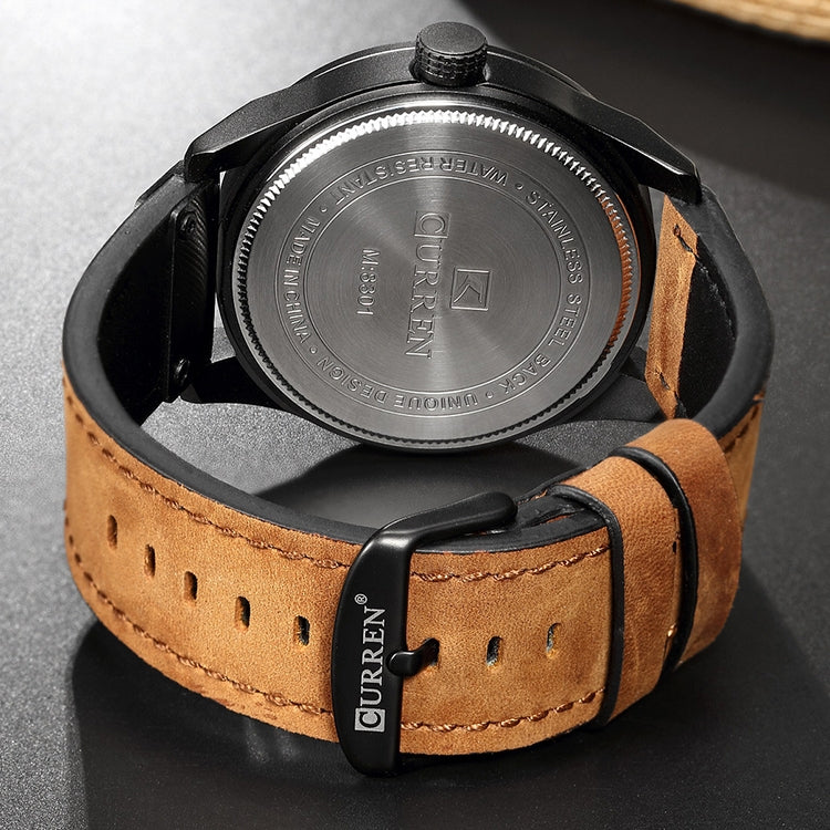 CURREN M8301 Men Military Sports Watch Quartz Date Clock Leather Wristwatch(black case orange)