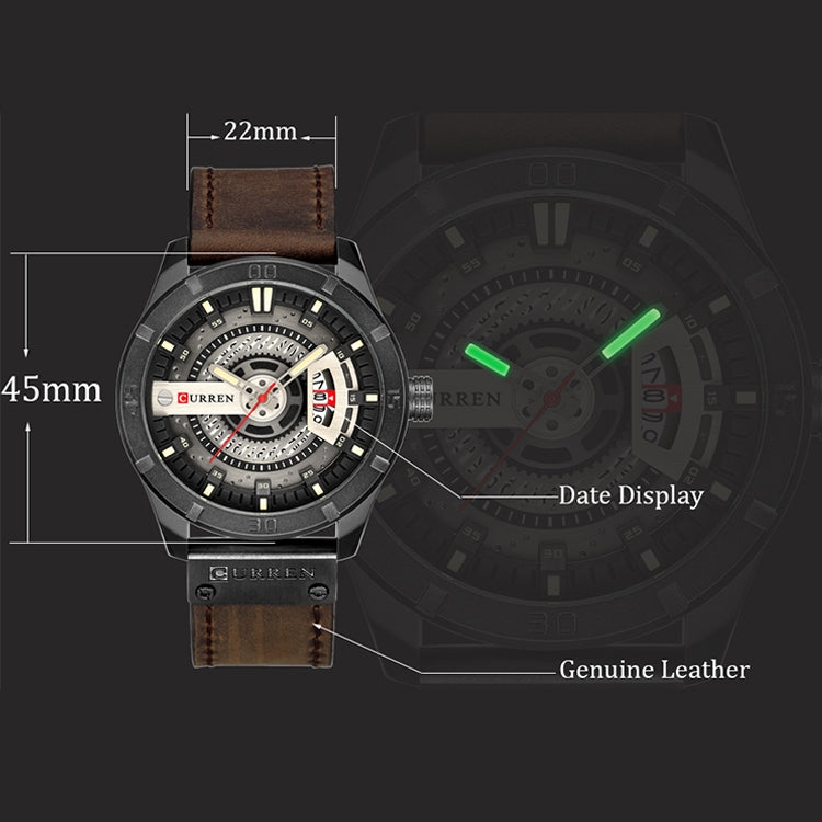 CURREN M8301 Men Military Sports Watch Quartz Date Clock Leather Wristwatch(black case orange)