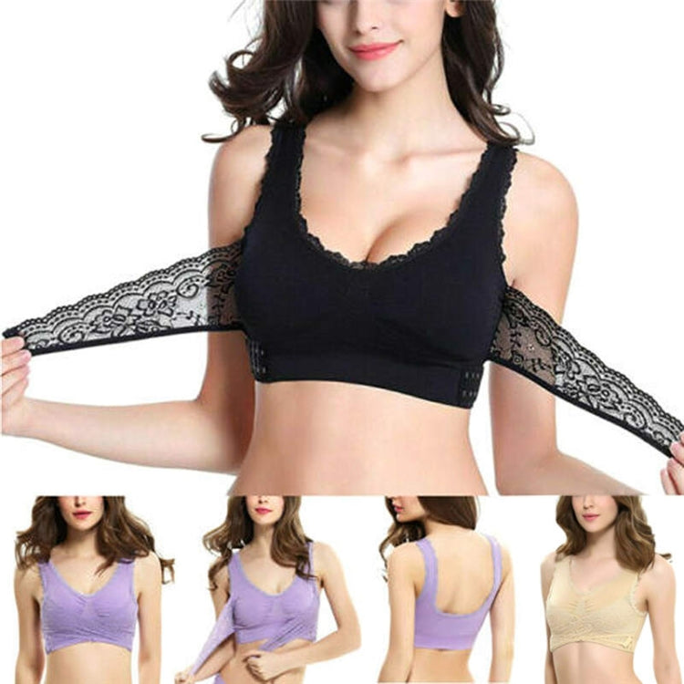 Front Cross Side Buckle Wireless Lace Bra Breathable Sport For Women, Size:L(Black)
