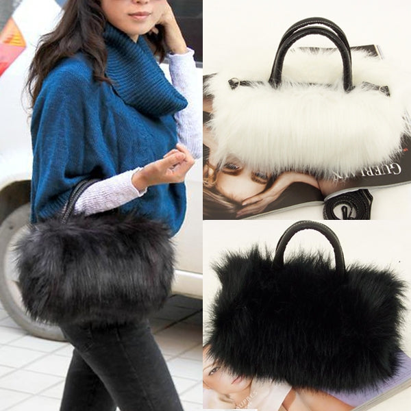 Fashion Lady PU Leather Faux Fur Handbag Shoulder Bag(Black)
