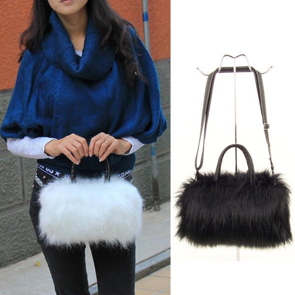 Fashion Lady PU Leather Faux Fur Handbag Shoulder Bag(Black)