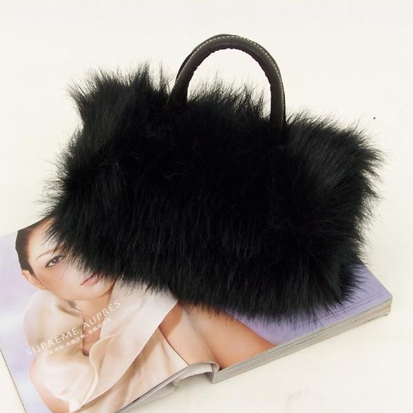 Fashion Lady PU Leather Faux Fur Handbag Shoulder Bag(Black)