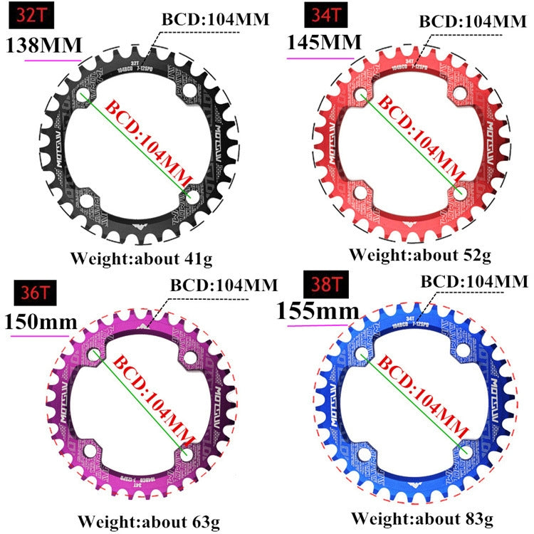MOTSUV Round Narrow Wide Chainring MTB  Bicycle 104BCD Tooth Plate Parts, Disk 32T, Disk 34T, Disk 36T, Disk 38T, Elliptic plate  32T
