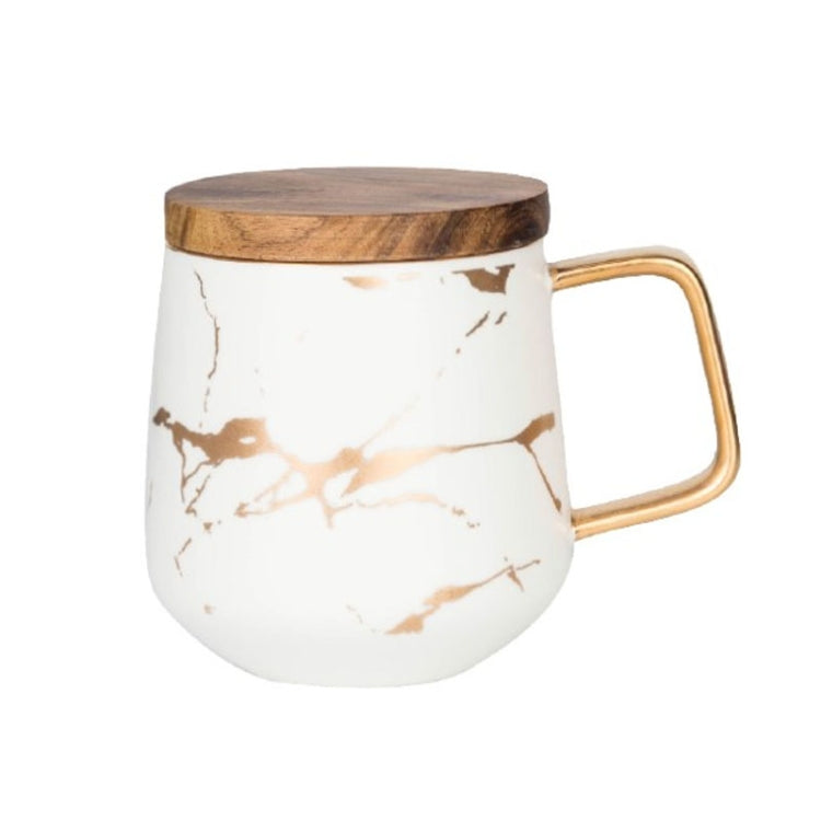 Marble Matte Gold Series Ceramic Tea Cup Coffee Mug With Wooden Lid Or Tray(White with Lid)