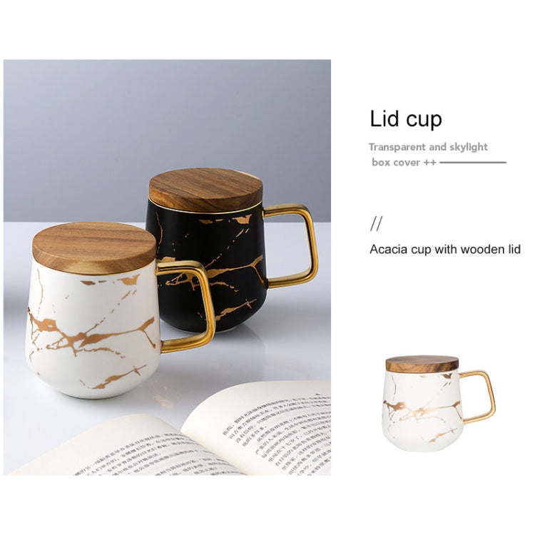 Marble Matte Gold Series Ceramic Tea Cup Coffee Mug With Wooden Lid Or Tray(White with Lid)