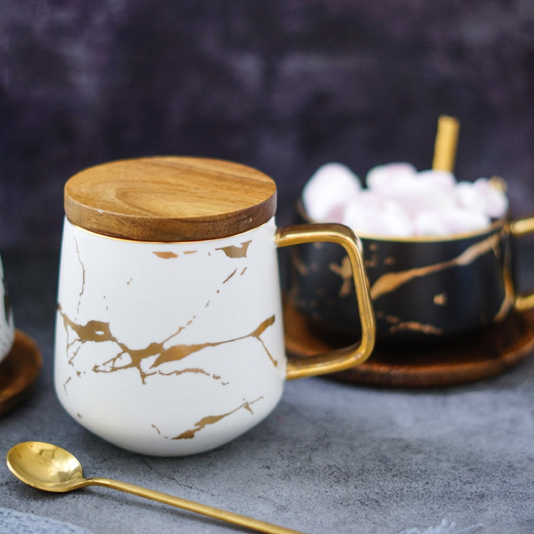 Marble Matte Gold Series Ceramic Tea Cup Coffee Mug With Wooden Lid Or Tray(White with Lid)