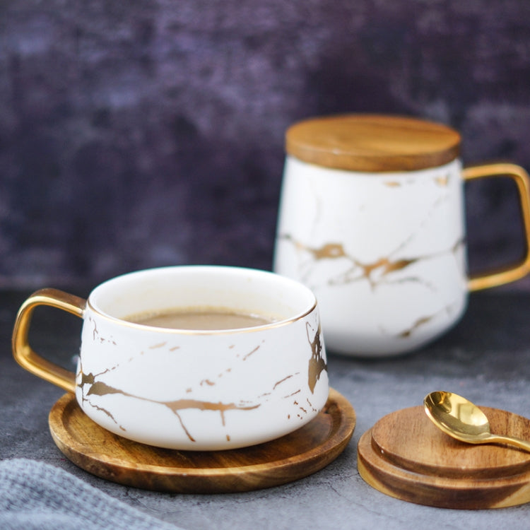 Marble Matte Gold Series Ceramic Tea Cup Coffee Mug With Wooden Lid Or Tray(White with Lid)
