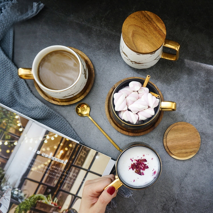 Marble Matte Gold Series Ceramic Tea Cup Coffee Mug With Wooden Lid Or Tray(White with Lid)