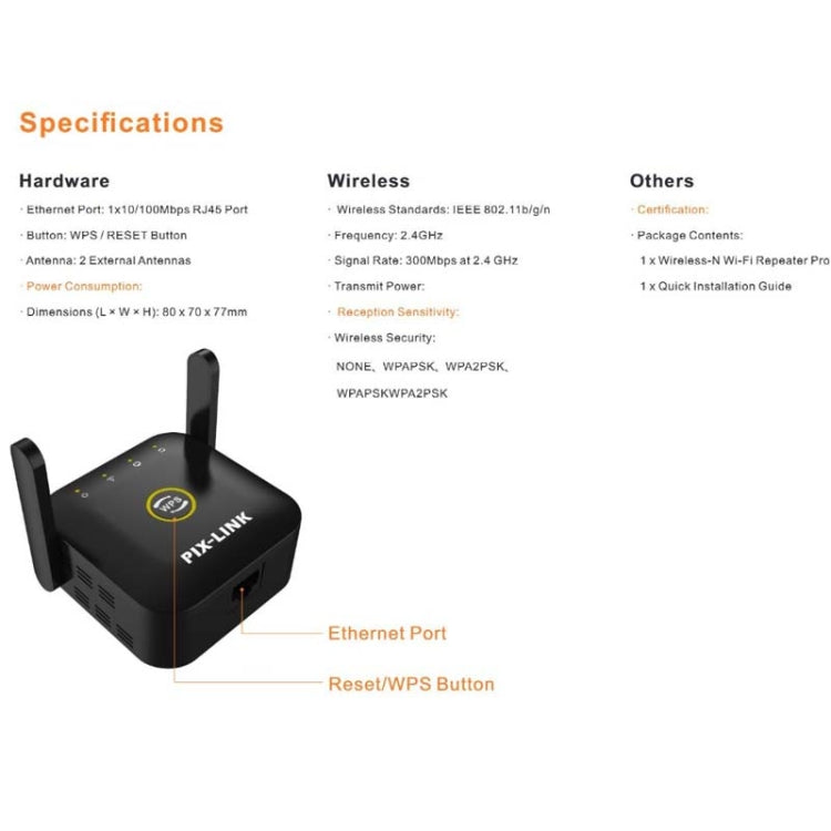 PIX-LINK WR22 300Mbps Wifi Wireless Signal Amplification Enhancement Extender, Plug Type:UK Plug(White)