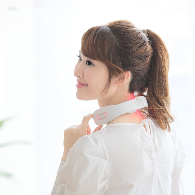 Neck Protector Intelligent Wireless Meridian Electric Physiotherapy Pulse Shoulder and Neck Massager, Style:English Voice Broadcast(Glutinous Rice White)