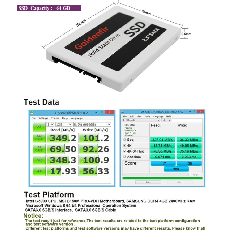 Goldenfir SSD 2.5 inch SATA Hard Drive Disk Disc Solid State Disk, Capacity: 64GB
