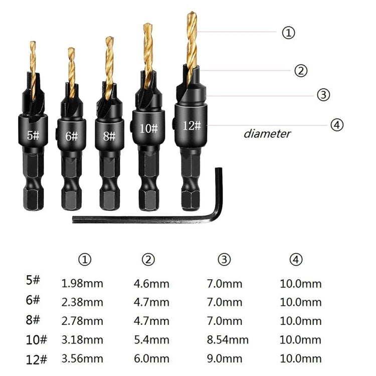 5 PCS/Set Countersink Woodworking Drill Bit Set Hexagon Screw Hardware Tool(Silver)