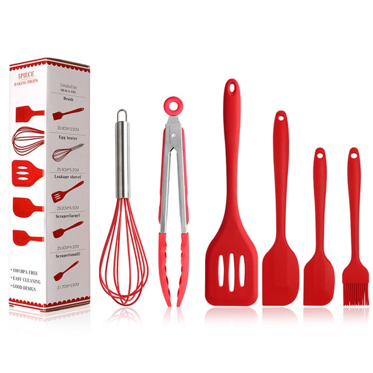 6 in 1 Silicone Kitchenware Slotted Spatula Scraper Egg Beater Brush Food Clip Set(Red)