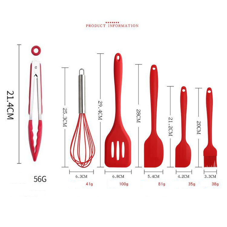 6 in 1 Silicone Kitchenware Slotted Spatula Scraper Egg Beater Brush Food Clip Set(Red)