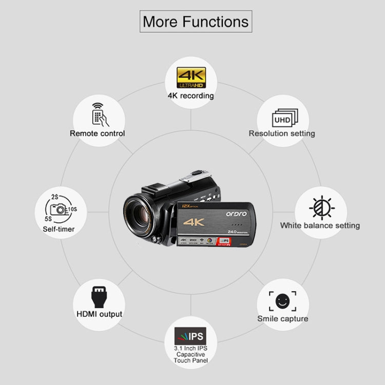 ORDRO AC5 4K HD Night Vision WiFi 12X Optical Zoom Digital Video DV Camera Camcorder, Standard, Standard + Microphone, Standard + Microphone + Handheld Stand, Standard+  Microphone + Fill Light