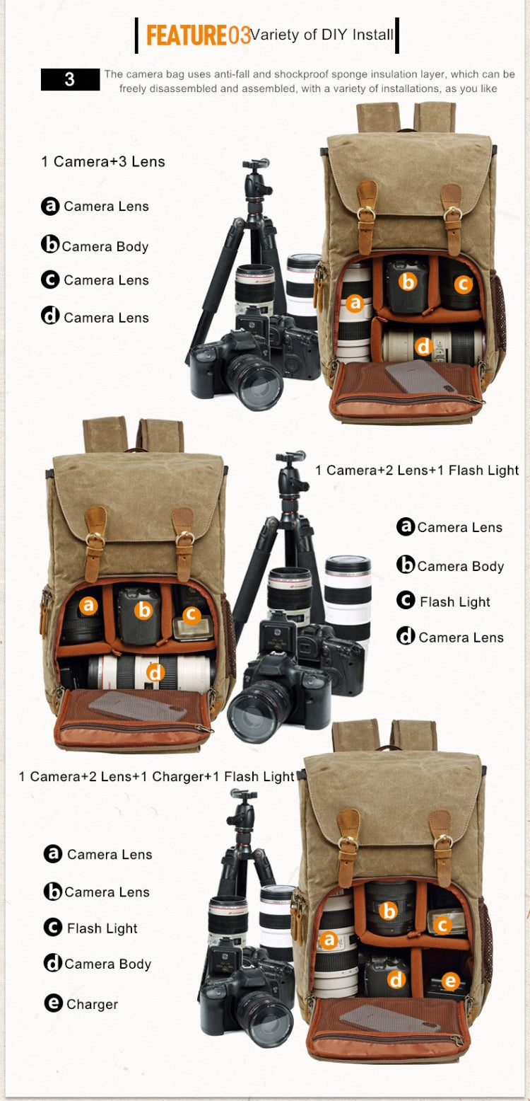 Batik Canvas Waterproof Photography Bag Outdoor Wear-resistant Large Camera Photo Backpack Men for Nikon / Canon / Sony / Fujifilm(Khaki)