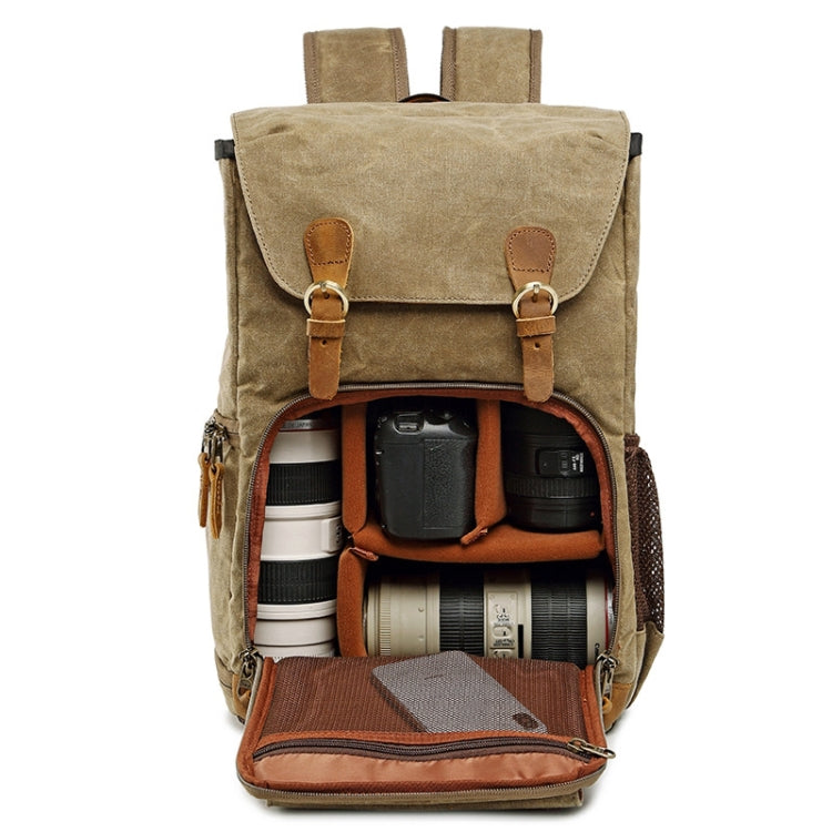 Batik Canvas Waterproof Photography Bag Outdoor Wear-resistant Large Camera Photo Backpack Men for Nikon / Canon / Sony / Fujifilm(Khaki)