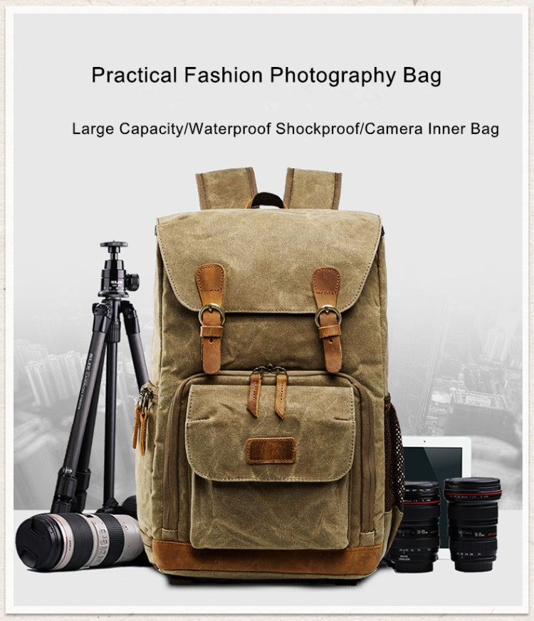 Batik Canvas Waterproof Photography Bag Outdoor Wear-resistant Large Camera Photo Backpack Men for Nikon / Canon / Sony / Fujifilm(Khaki)