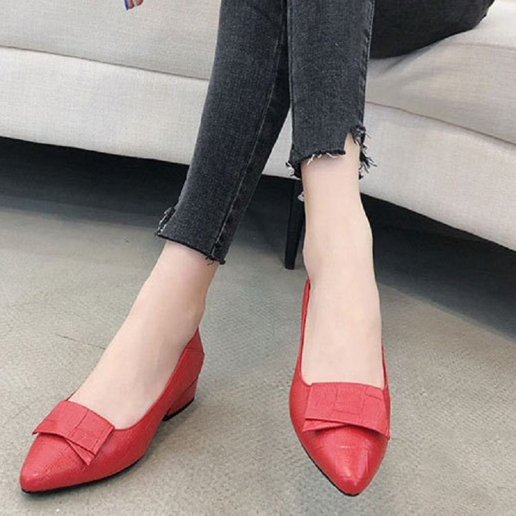 Spring And Summer Cowhide Shoes With Thick Heel Mid-Heel For Women, Size: 40(Red)