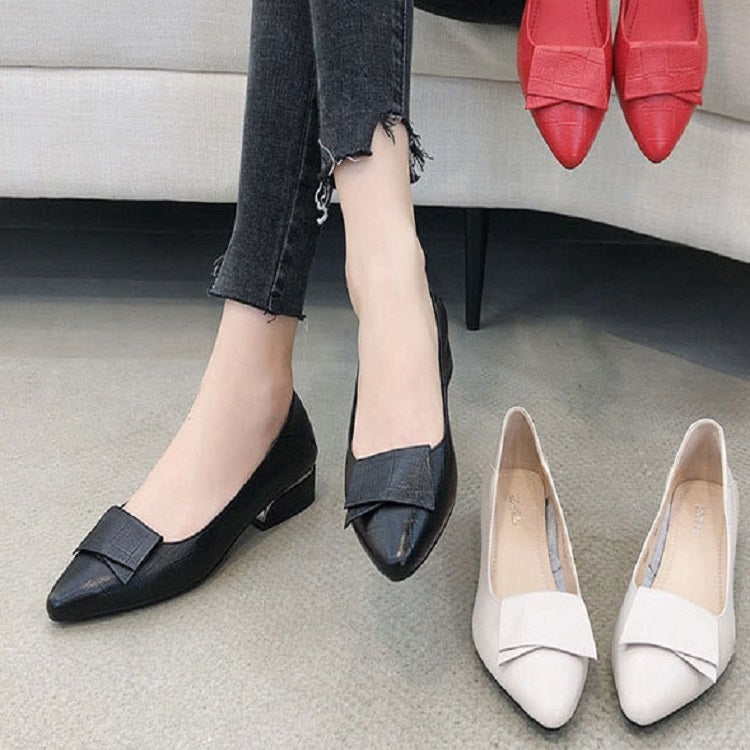 Spring And Summer Cowhide Shoes With Thick Heel Mid-Heel For Women, Size: 40(Red)
