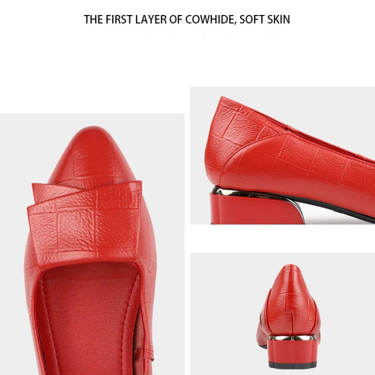 Spring And Summer Cowhide Shoes With Thick Heel Mid-Heel For Women, Size: 40(Red)