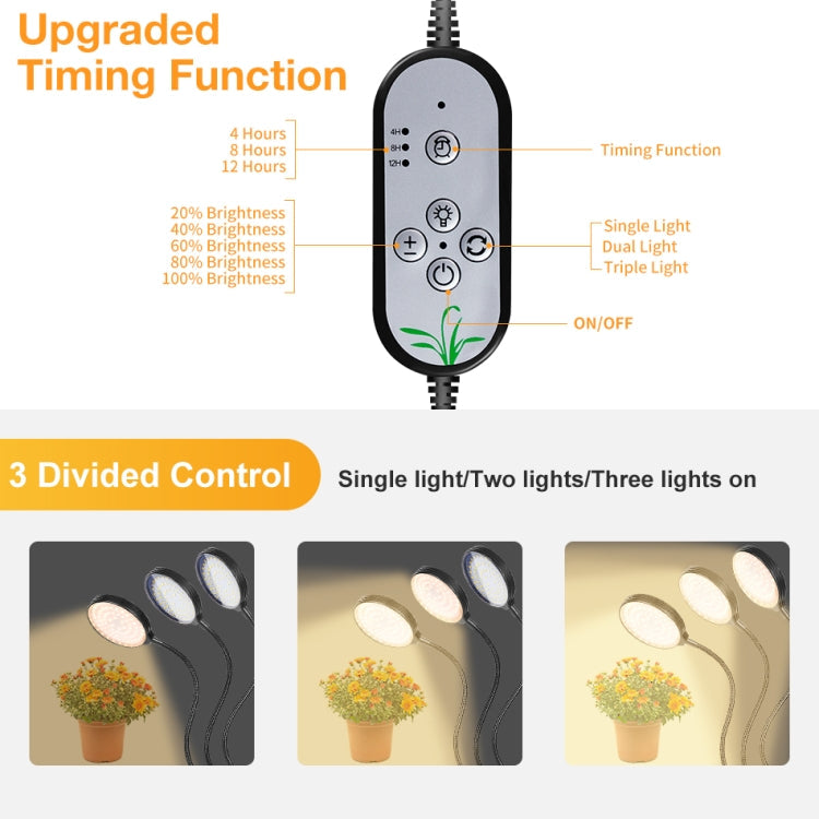 LED Plant Growth Lamp USB Remote Control Clip Waterproof Full Spectral Natural White Seedling Planting Light, Power: 60W Four Head