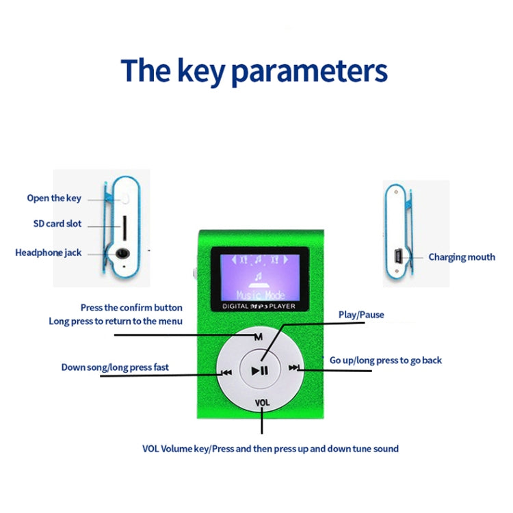 512M+Earphone+Cable Mini Lavalier Metal MP3 Music Player with Screen(Green)