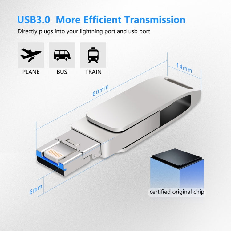 USB 3.0 + 8 Pin + USB-C / Type-C 3 in 1 Phone Computer Metal Rotatable U-Disk, 32GB, 16 GB, 64GB