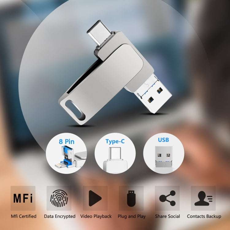 USB 3.0 + 8 Pin + USB-C / Type-C 3 in 1 Phone Computer Metal Rotatable U-Disk, 32GB, 16 GB, 64GB