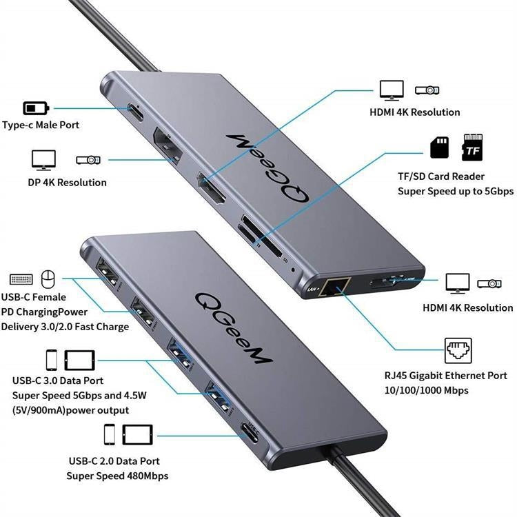 QGeeM 12 In 1 Triple Display 4K Type-C Extension HUB Adapter Support HDMI(QG-UH12-H)