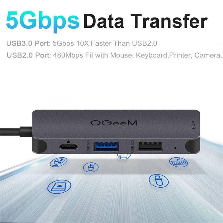 QGeeM UH04-1 4 In 1 USB 3.0 Multifunction Type-C Extension HUB Adapter(Silver Gray)