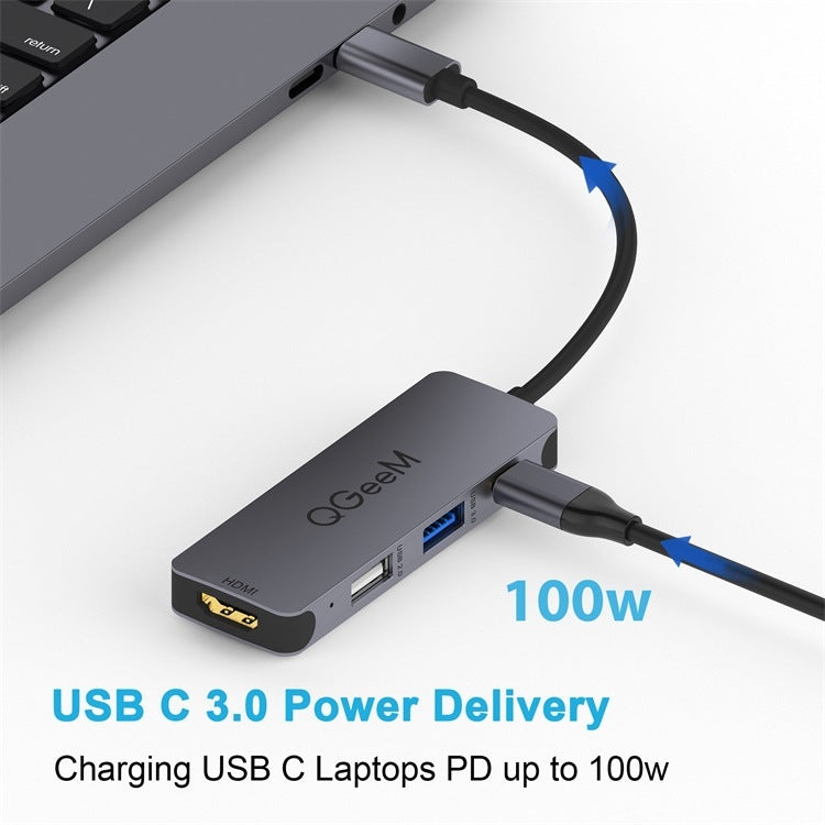 QGeeM UH04-1 4 In 1 USB 3.0 Multifunction Type-C Extension HUB Adapter(Silver Gray)