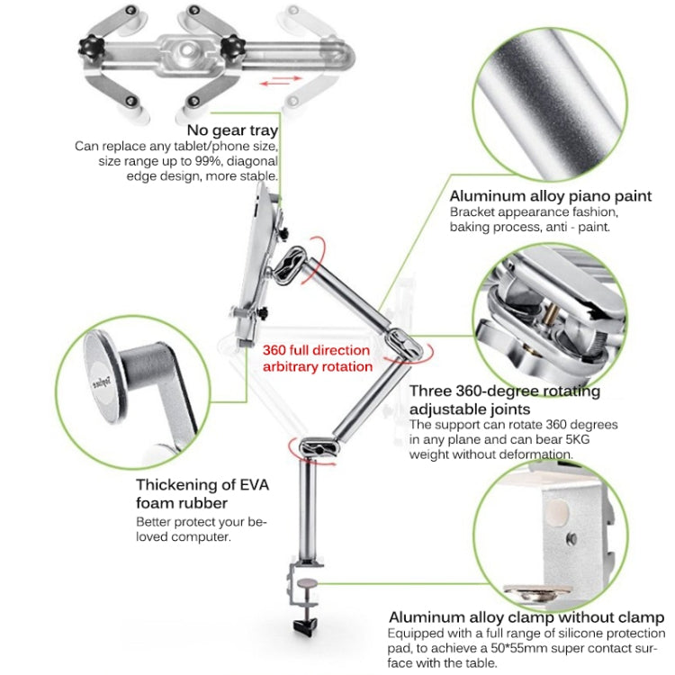 TB-03 Universal Desk Clamp Tablet Stand Aluminum Alloy Articulating Arm with 3-Section Folding & 360-degree Rotation, TB-03