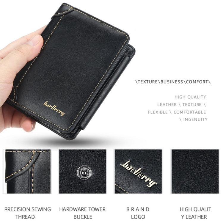 Baellerry D9159 Men Short Tri-Fold Zip Coin Purse Thin Card Holder, Black, Brown, Coffee