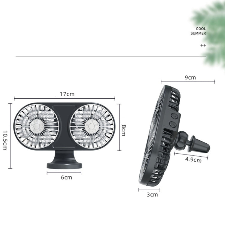 F211 Car Double Head With Led Electric Fan Car Air Outlet Instrument Panel USB Mini Fan(Black)