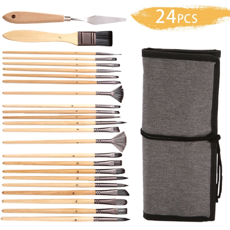 24 In 1 Nylon Wool Brush Canvas Storage Bag Set Oil Painting Gouache Watercolor Brush(Wooden Brushesx24+Storage Bag)