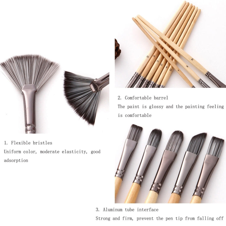 24 In 1 Nylon Wool Brush Canvas Storage Bag Set Oil Painting Gouache Watercolor Brush(Wooden Brushesx24+Storage Bag)